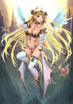 1girl armor bikini_armor blonde_hair boots braid breasts canyon castle chain cleavage collar day detached_sleeves elf female_focus flying full_body green_eyes highres holding legs long_hair looking_at_viewer navel orb outdoors panties path pointy_ears revealing_clothes road scepter solo staff sunlight tattoo thighhighs underwear very_long_hair village wand wings youbou