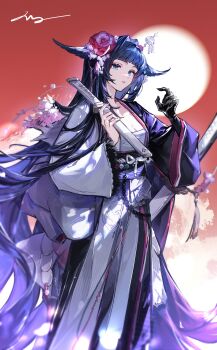Rule 34 | 1girl, absurdres, arknights, black hair, black hands, black kimono, blue eyes, blunt bangs, chest sarashi, colored extremities, feet out of frame, flower, gloves, hair flower, hair intakes, hair ornament, hair wings, hands up, highres, japanese clothes, kimono, long hair, long sleeves, looking at viewer, luan teng, mio (arknights), pink flower, red background, sarashi, signature, solo, split-color clothes, standing, sun, sword, two-tone kimono, wakizashi, weapon, white kimono, wide sleeves