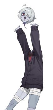 1boy :d absurdres arms_up bandaged_leg bandages black_cardigan bulge cardigan colored_skin commentary_request cowboy_shot disembodied_head grey_hair grey_skin hair_over_one_eye highres in_(ain) korean_commentary long_sleeves open_mouth original patchwork_skin red_eyes red_shirt severed_head sharp_teeth shirt short_hair simple_background smile standing teeth white_background wing_collar zombie