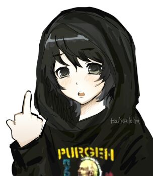 Rule 34 | 1boy, animification, artist name, black hair, black hoodie, blush, clothes writing, commentary, english commentary, green eyes, hair between eyes, hand up, highres, hood, hood up, hoodie, long sleeves, looking at viewer, male focus, middle finger, nikita lytkin, open mouth, pale skin, puffy long sleeves, puffy sleeves, real life, short hair, simple background, solo, tacticalolita, tareme, teeth, tongue, true crime, upper body, upper teeth only, white background
