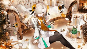 1girl absurdres black_pantyhose box christmas couch creature decorations dress familiar fireplace flower gift gift_box gomidasu_(kamitsubaki_studio) grey_eyes grey_hair hair_flower hair_ornament hair_over_one_eye highres isekaijoucho kamitsubaki_studio long_hair looking_at_viewer misumigumi multicolored_hair official_art orange_hair pantyhose second-party_source sitting smile solo sparkle two-tone_hair