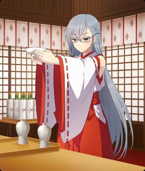1girl bare_shoulders bottle braid closed_mouth clothing_cutout cup detached_sleeves dot_nose game_cg glasses grey_hair hakama half_up_braid hip_vent holding holding_cup indoors japanese_clothes kitora_mirja long_hair nontraditional_miko official_art outstretched_arms purple-framed_eyewear red_hakama sakazuki solo table third-party_source toji_no_miko toji_no_miko:_kizamishi_issen_no_tomoshibi very_long_hair white_sleeves yellow_eyes