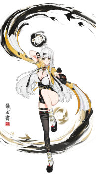 1girl absurdres ahoge asymmetrical_gloves black_gloves black_thighhighs breasts character_name cleavage elbow_gloves fingerless_gloves full_body gloves highres himesamanonete holding holding_ofuda knee_up large_breasts looking_at_viewer mismatched_gloves ofuda seal_impression single_thighhigh slit_pupils solo thighhighs white_hair yellow_eyes yixuan_(zenless_zone_zero) zenless_zone_zero