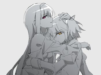 Rule 34 | 2girls, akemi homura, ban45601, closed mouth, greyscale, hair ribbon, hand on another's head, hand on another's waist, highres, kaname madoka, long hair, looking at viewer, mahou shoujo madoka magica, mahou shoujo madoka magica (anime), mitakihara school uniform, monochrome, multiple girls, off shoulder, parted lips, partially undressed, purple eyes, ribbon, school uniform, short twintails, smile, spot color, twintails, yellow eyes, yuri