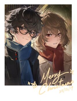 2boys :3 akechi_gorou amamiya_ren artist_name black-framed_eyewear black_eyes black_hair black_jacket blue_scarf blush brown_hair brown_jacket closed_mouth commentary glasses hair_between_eyes hashtag-only_commentary highres jacket lapels looking_at_viewer male_focus merry_christmas messy_hair multiple_boys ookami_ciro outdoors parted_lips persona persona_5 persona_5_the_royal polaroid_photo red_eyes red_scarf scarf short_hair smile timestamp