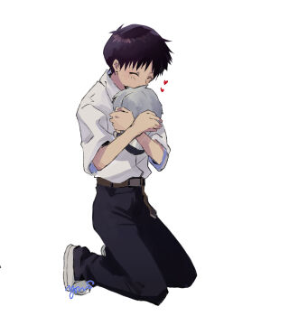 Rule 34 | 2boys, absurdres, belt, black hair, black pants, brown belt, collared shirt, grey hair, hashtag-only commentary, heart, highres, holding, holding mini person, ikari shinji, kneeling, male focus, mini person, miniboy, multiple boys, nagisa kaworu, neon genesis evangelion, pants, school uniform, shirt, shirt tucked in, shoes, short hair, signature, simple background, tokyo-3 middle school uniform, white background, white shirt, white shoes, yaoi, yorumi1117