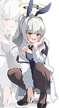 1girl absurdres alternate_costume animal_ears black_bow black_bowtie black_leotard black_pantyhose black_shoes blue_archive blue_leotard blush bow bowtie detached_collar fake_animal_ears green_eyes grey_hair hair_ornament halo hare_(blue_archive) high_heels highres jacket leotard long_hair long_sleeves looking_at_viewer mureniii open_mouth pantyhose playboy_bunny ponytail rabbit_ears shoes simple_background solo squatting strapless strapless_leotard white_background white_jacket zoom_layer