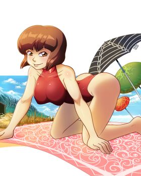 1girl all_fours artist_name ass beach beach_towel beach_umbrella blue_sky blunt_bangs blunt_ends blush bob_cut border breasts brown_eyes brown_hair building cloud collarbone commentary covered_collarbone dated english_commentary ewder eyelashes furrowed_brow grass halterneck highleg highleg_one-piece_swimsuit highres inverted_bob large_breasts letterboxed light_blush looking_at_viewer mountain nose ocean one-piece_swimsuit outside_border parted_lips ranma_1/2 red_one-piece_swimsuit sand shiny_skin short_hair sky smile solo swimsuit tendou_nabiki towel umbrella v-shaped_eyebrows water white_border