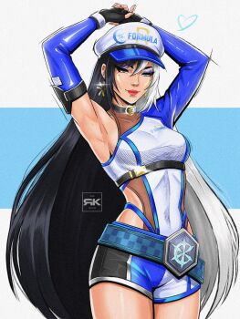 1girl heterochromia highres lipstick long_hair luna_snow makeup marvel marvel_rivals multicolored_hair revealing_clothes rkreates solo split-color_hair striped_clothes two-tone_hair