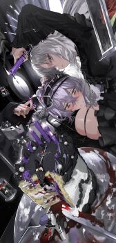 2girls absurdres bandaid bandaid_on_hand black_dress black_eyes black_hairband black_nails black_thighhighs blood blood_on_clothes blood_on_face blood_on_hands blood_splatter blush braid breasts cake candle commission cream cross dress food frilled_dress frilled_sleeves frills garter_straps gem grey_hair hair_between_eyes hair_bun hairband hand_on_another&#039;s_head highres holding holding_candle kneeling lap_pillow large_breasts lolita_fashion long_hair long_sleeves looking_at_viewer lying mau_sakura melting mini_person minigirl mirror multiple_girls multiple_views nail_polish on_back on_food original pants parted_lips pearl_(gemstone) plate purple_eyes purple_hair saliva shirt sideways sitting skeb_commission thigh_strap thighhighs white_hair white_pants white_shirt