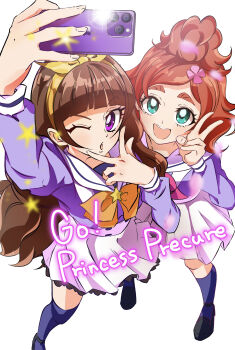 Rule 34 | 2girls, ;o, absurdres, amanogawa kirara, black shoes, blue eyes, blue shirt, blue socks, blunt bangs, bow, bowtie, brooch, brown hair, cellphone, commentary, copyright name, english text, flower-shaped hair, foreshortening, go! princess precure, hairband, haruno haruka, highres, holding, holding phone, jewelry, kengo kumaxile, long sleeves, looking at viewer, medium hair, miniskirt, multiple girls, neckerchief, noble academy school uniform, one eye closed, open mouth, orange bow, orange bowtie, phone, pink neckerchief, pleated skirt, precure, purple eyes, sailor collar, school uniform, shirt, shoes, short hair, simple background, skirt, smartphone, smile, socks, star brooch, swept bangs, v, v over mouth, white background, white sailor collar, white skirt, yellow hairband