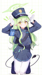 Rule 34 | 1girl, absurdres, belt, black belt, black footwear, black hat, black shirt, black skirt, black tail, blue archive, blush, closed mouth, demon tail, full body, gloves, green hair, green halo, halo, hat, highlander sidelocks conductor (blue archive), highres, kneeling, long hair, long sleeves, looking at viewer, pantyhose, peaked cap, pleated skirt, pointy ears, shirt, shishiodoshi, shoes, skirt, solo, tail, white gloves, white pantyhose, yellow eyes