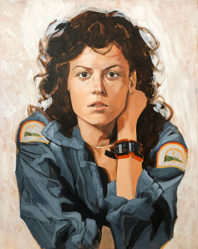 1girl abstract_background alien_(series) black_hair blue_shirt bracelet colonial_marine commentary ellen_ripley english_commentary jewelry long_hair long_sleeves looking_at_viewer loose_clothes loose_shirt messy_hair phil_noto science_fiction shirt solo watch white_background wristwear