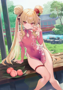 1girl blonde_hair blush bow breasts china_dress chinese_clothes commentary_request covered_navel detached_sleeves double_bun dress floral_print flower food fruit hair_bow hair_bun hair_flower hair_ornament hidis0086 highres little_witch_nobeta long_hair looking_at_viewer nobeta outdoors peach red_eyes second-party_source side_slit sitting small_breasts solo thigh_strap very_long_hair
