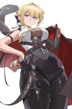 1girl absurdres aiden_(ofsb) armband belt black_armband black_gloves black_jacket black_pants blonde_hair blunt_ends braid breasts chest_harness closed_mouth collared_shirt commentary criss-cross_straps cut_bangs earrings evelyn_chevalier from_below gloves hair_intakes hair_ornament hand_on_own_hip hand_up harness highres holding holding_jacket holding_unworn_clothes jacket jewelry large_breasts long_hair mole mole_under_eye pants purple_eyes ribbon_trim ring_hair_ornament shirt sidelocks sleeveless sleeveless_shirt standing strap tassel tassel_hair_ornament thigh_belt thigh_strap tight_clothes tight_pants two-sided_fabric two-sided_gloves two-sided_jacket uneven_bangs unworn_jacket white_shirt zenless_zone_zero zipper zipper_pull_tab