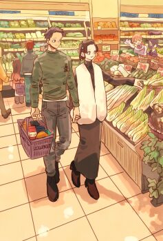3girls 4boys agatsuma_zenitsu black_dress black_hair black_shirt black_shoes brother_and_sister brown_hair colored_tips commentary_request couple dress earrings groceries grocery_store hakuji_(kimetsu_no_yaiba) hanafuda_earrings hetero highres holding_hands iguro_obanai indoors jewelry kaburamaru kamado_nezuko kamado_tanjirou kanroji_mitsuri kimetsu_no_yaiba koyuki_(kimetsu_no_yaiba) lettuce long_dress long_hair looking_at_another mask mouth_mask multicolored_hair multiple_boys multiple_girls parted_bangs parted_lips pink_hair red_eyes shirt shoes shopping_basket short_hair siblings smile snake takeuchi_ryousuke tile_floor tiles updo veil white_snake white_veil
