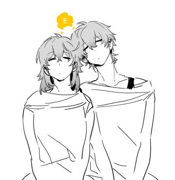 Rule 34 | 1boy, 1girl, bare shoulders, caelus (honkai: star rail), closed eyes, closed mouth, collarbone, dairyexpir6767, dual persona, grey hair, hair between eyes, hashtag-only commentary, highres, honkai: star rail, honkai (series), leaning on person, long hair, off-shoulder shirt, off shoulder, shirt, short hair, short sleeves, sidelocks, simple background, sleeping, speech bubble, stelle (honkai: star rail), t-shirt, thought bubble, trailblazer (honkai: star rail), upper body, white background, white shirt