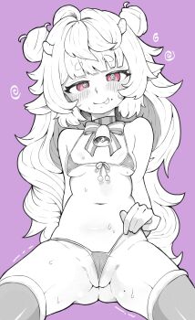 1girl @_@ absurdres animal_ears ass bare_shoulders bikini blush bow breasts cow_ears double_bun fat_mons hair_bun highres horns lavacacticus loli long_hair looking_at_viewer micro_bikini mole muu_muyu navel neck_bell partially_visible_vulva phase_connect pink_eyes small_breasts solo spread_legs sweat swimsuit thighhighs thighs tongue tongue_out virtual_youtuber wedgie