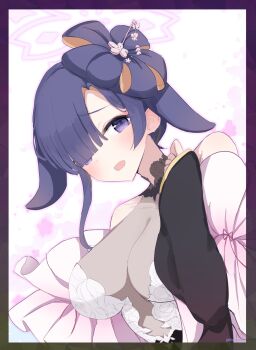 1girl animal_ears bare_shoulders blue_archive border breasts commentary_request floppy_ears flower-shaped_hair hair_over_one_eye halo highres large_breasts looking_at_viewer lop_rabbit_ears official_alternate_costume official_alternate_hairstyle open_mouth pink_background pink_sleeves purple_eyes purple_hair rabbit_ears rabbit_girl sakurano_rocco see-through_clothes simple_background smile solo tsukuyo_(blue_archive) tsukuyo_(dress)_(blue_archive) upper_body