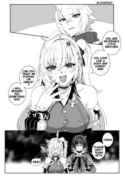 1boy 2girls ^^^ ahoge anger_vein animal_ears bare_shoulders black_gloves black_hair blush breasts cat_boy cissia_(zenless_zone_zero) collar commentary crossed_bangs detached_sleeves english_text fangs fingerless_gloves fur-trimmed_jacket fur_trim gloves greyscale hair_between_eyes hair_ornament hairclip highres jacket jane_doe_(zenless_zone_zero) large_breasts lion_space long_hair monochrome mouse_ears mouse_girl mouse_tail multiple_girls open_mouth pom_pom_(clothes) pom_pom_hair_ornament seth_lowell sharp_tail snake speech_bubble sweat sweatdrop tail white_background white_hair white_snake zenless_zone_zero