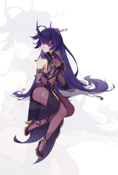 1girl absurdres ahoge breasts cleavage dress elbow_gloves full_body gloves high_heels highres honkai_(series) honkai_impact_3rd large_breasts long_hair mi_si_lei_da_ke pantyhose purple_dress purple_eyes purple_gloves purple_hair purple_pantyhose raiden_mei raiden_mei_(herrscher_of_thunder) raiden_mei_(rainy_springtide) simple_background solo very_long_hair white_background zoom_layer