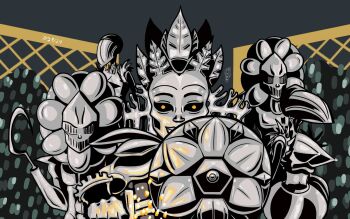 Rule 34 | alisa (alisa), alisa (game), armor, everyone, garden, highres, hook, isabella flora (alisa), metal skin, shield, sparks, sword, weapon