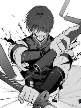 1boy blood blood_on_face fate/grand_order fate_(series) greyscale harada_sanosuke_(fate) highres holding holding_polearm holding_sword holding_weapon injury katana male_focus monochrome polearm reverse_grip shirt sleeveless sleeveless_shirt sword weapon white_background xuanmai_alter