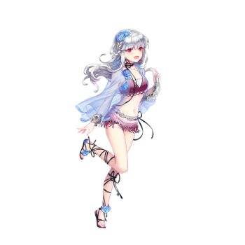 Rule 34 | 1girl, ankle flower, benghuai xueyuan, bikini, blue flower, bracelet, choker, death sonata (benghuai xueyuan), flower, full body, hair flower, hair ornament, holding, honkai (series), jewelry, leg up, long hair, navel, official art, open mouth, red eyes, sandals, see-through clothes, see-through sleeves, silver bracelet, smile, solo, swimsuit, transparent background, white hair