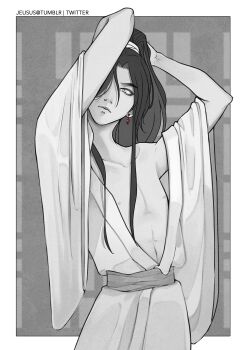 1boy arms_up artist_name bare_pectorals bare_shoulders belt black_hair border chinese_clothes chu_wanning closed_mouth collarbone commentary cowboy_shot earrings english_commentary erha_he_ta_de_bai_mao_shizun gem hair_ribbon hanfu head_tilt high_ponytail highres jeusus jewelry long_hair long_sleeves looking_to_the_side male_focus monochrome nipples open_clothes open_robe outside_border pectorals ponytail red_gemstone ribbon robe sash solo spot_color white_border white_hanfu wide_sleeves