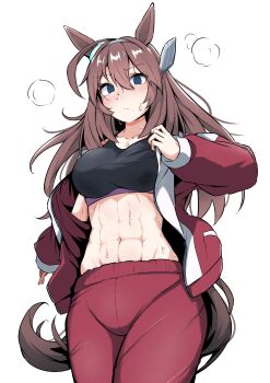 1girl abs absurdres ahoge animal_ears black_sports_bra blue_eyes blush breasts brown_hair closed_mouth commentary_request grey_hairband hair_between_eyes hairband highres horse_ears horse_girl horse_tail jacket large_breasts long_hair looking_at_viewer mihono_bourbon_(umamusume) navel open_clothes open_jacket pants red_jacket red_pants red_track_suit shijimi_(sijimi1917) silver_hairband simple_background solo sports_bra stomach sweat tail tracen_training_uniform track_jacket track_pants track_suit umamusume white_background