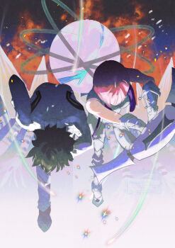 1boy 1girl absurdres artist_name bare_shoulders black_hair commentary facing_ahead fate/grand_order fate_(series) fire floating floating_object from_above fujimaru_ritsuka_(male) fujimaru_ritsuka_(male)_(decisive_battle_chaldea_uniform) gauntlets highres holding holding_shield long_sleeves mash_kyrielight mash_kyrielight_(paladin) minayukiinori orb purple_hair running shield star_(symbol)