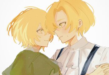 1boy 1girl ascot blonde_hair closed_mouth don_quixote_(project_moon) dress_shirt eyelashes face-to-face green_shirt hashtag-only_commentary highres holding_hands interlocked_fingers light_blush limbus_company looking_at_another muni_hathaway parted_bangs parted_lips project_moon shirt short_hair sinclair_(project_moon) smile suspenders sweatdrop swept_bangs tsurime white_ascot white_shirt yellow_eyes