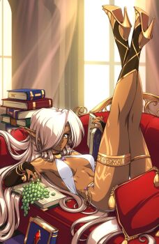 Rule 34 | 1girl, book, book stack, breasts, bridal gauntlets, couch, dark elf, dark skin, elf, food, fruit, grapes, hair over one eye, high heels, highres, indoors, jewelry, legs up, light smile, long hair, looking at viewer, lying, medium breasts, on back, on couch, one eye covered, open book, original, panties, pillow, pointy ears, sirknightbot, sling bikini top, smile, solo, thighlet, underwear, white hair, white panties, window, yellow eyes