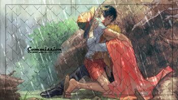 2boys arm_around_neck arm_around_shoulder black_hair black_pants black_shoes blonde_hair cloak closed_eyes commentary commission english_commentary full_body hat hat_on_back kneeling male_focus monkey_d._luffy multiple_boys one_piece pants parted_lips rain red_cloak red_shorts row056 sandals sanji_(one_piece) shirt shoes short_hair shorts sleeves_rolled_up straw_hat torn_clothes watermark white_shirt yaoi