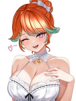 1girl ;d bow breasts camisole cleavage commentary english_commentary green_hair hair_bow hair_bun hair_flaps hair_ornament hairclip hand_on_own_chest highres hololive hololive_english large_breasts looking_at_viewer mafukkoin multicolored_hair official_alternate_costume official_alternate_hairstyle one_eye_closed open_mouth orange_hair purple_eyes simple_background single_hair_bun smile solo swept_bangs takanashi_kiara takanashi_kiara_(cozy) two-tone_hair upper_body virtual_youtuber white_background white_bow white_camisole
