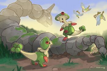 beak bird blue_sky breloom chatot claws closed_mouth cloud commentary dirt english_commentary flying gen_1_pokemon gen_3_pokemon gen_4_pokemon grass highres moss mushroom nintendo onix open_mouth outdoors pokemon pokemon_(creature) pokemon_focus rock shroomish sky smile squeegool tail wings