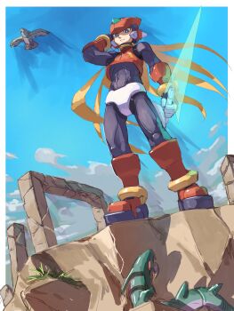 1boy absurdres armor black_hair blonde_hair commentary_request energy_sword forehead_jewel full_body helmet highres holding holding_sword holding_weapon long_hair male_focus mega_man_(series) mega_man_zero_(series) omochi_(mochi_skymega) red_armor red_helmet solo_focus sword weapon z_saber zero(z)_(mega_man) zero_(mega_man)