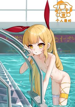 1girl absurdres arm_support asymmetrical_legwear blonde_hair blunt_bangs breasts cheek_press closers collarbone hair_ornament highres leaning_forward light_blush loli long_hair looking_at_viewer lucy_(closers) marshal_(artist) mismatched_legwear navel nipples nude parted_lips pool pool_ladder poolside pussy ringed_eyes sidelocks single_thighhigh skindentation small_breasts solo standing thighhighs very_long_hair wading water wet white_thighhighs yellow_eyes