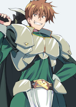 1boy :d armor belt black_belt brown_eyes brown_hair chaos_(rance) commentary cowboy_shot fang green_shirt grin hair_between_eyes hand_on_own_hip hand_up highres holding holding_sword holding_weapon long_sleeves looking_at_viewer male_focus open_mouth rance rance_(series) sengoku_rance sharp_teeth shirt short_hair simple_background smile solo spiked_hair sword takepoison teeth thick_eyebrows tsurime v-shaped_eyebrows weapon white_background