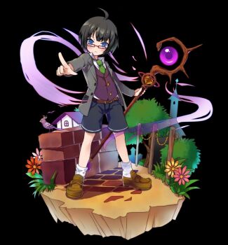 1boy :< ahoge bird black_background black_hair blue_eyes blue_shorts bob_cut brick_wall brown_shoes closed_mouth collared_shirt elliott_(merc_storia) fence flower full_body glasses green_necktie grey_jacket highres holding holding_staff house jacket long_sleeves merc_storia merc_storia_art_team necktie official_art open_clothes open_jacket outstretched_arm pointing purple_vest red-framed_eyewear shirt shoes short_hair shorts simple_background socks solo staff standing tachi-e tree vest white_shirt white_socks wind