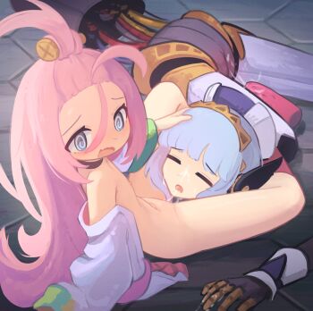 2girls @_@ after_cunnilingus age_difference aino_(genshin_impact) bangs_pinned_back bare_shoulders blue_hair closed_eyes commentary english_commentary flat_chest genshin_impact hair_between_eyes highres ineffa_(genshin_impact) kanbaki loli long_hair multiple_girls navel nipples onee-loli open_mouth pink_hair pussy_juice yuri