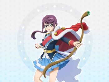 1girl arrow_(projectile) blue_jacket blue_skirt bow_(weapon) game_cg glasses green_eyes holding holding_arrow holding_bow_(weapon) holding_weapon hoshimi_junna jacket jacket_on_shoulders long_hair long_sleeves looking_at_viewer official_art open_mouth pleated_skirt ponytail purple_hair red_jacket red_sash sash shoujo_kageki_revue_starlight shoujo_kageki_revue_starlight_-re_live- sidelocks skirt solo standing upper_body weapon