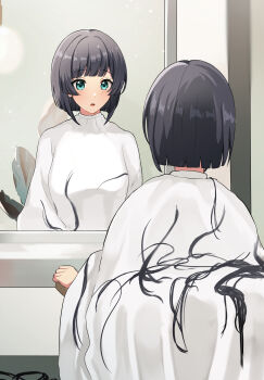 1girl alternate_hair_length alternate_hairstyle aqua_eyes barber_cape black_hair blunt_ends bob_cut commission d4dj from_behind front_and_back highres looking_at_mirror mirror mitarashi38o open_mouth plant severed_hair short_hair sitting skeb_commission togetsu_rei
