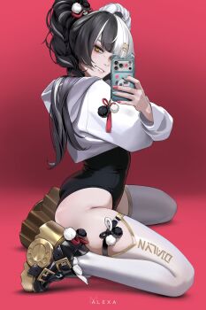 1girl alternate_costume aqua_nails artist_name ass black_hair black_leotard black_shoes braid braided_twintails cellphone cellphone_charm charm_(object) dialyn_(zenless_zone_zero) double_bun from_side hair_bun hair_ornament hairclip hashtag-only_commentary highres holding holding_phone hood hoodie leotard long_hair looking_at_viewer m_alexa multicolored_hair multicolored_nails one_eye_covered panda_hair_ornament parted_lips phone red_background red_nails shoes sitting smartphone solo split-color_hair thighhighs wariza white_hair white_hoodie white_thighhighs yellow_eyes zenless_zone_zero