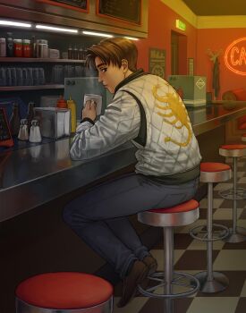 1boy arm_support back bar_stool brown_eyes brown_hair checkered_floor closed_mouth counter cup denim diner drive_(movie) exit_sign food fujiwara_takumi highres indoors initial_d jacket jeans ketchup ketchup_bottle long_sleeves looking_at_viewer male_focus monorus mug mustard mustard_bottle napkin napkin_holder neon_lights pants parody pepper_shaker salt_shaker shelf short_hair sitting solo steam stool