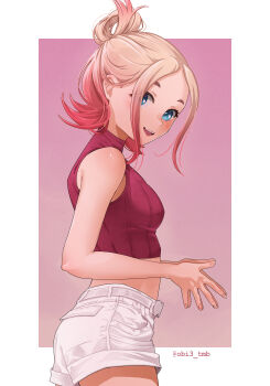 1girl :d absurdres bare_shoulders blonde_hair blue_eyes blush breasts commentary cowboy_shot cropped_shirt from_side gradient_hair hair_bun highres looking_at_viewer medium_breasts midriff multicolored_hair nintendo no_jacket obi3 open_mouth own_hands_together parted_bangs pink_hair pokemon pokemon_legends:_z-a red_shirt ribbed_shirt shirt short_shorts shorts simple_background sleeveless sleeveless_shirt smile solo standing taunie_(pokemon) teeth turtleneck turtleneck_shirt twitter_username upper_teeth_only variant_set white_shorts