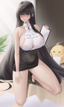 1girl absurdres alvitr_(azur_lane) alvitr_(muspel's_torrid_secrets)_(azur_lane) azur_lane bare_legs bare_shoulders black_footwear black_hair black_skirt breasts brooch button_gap cleavage collarbone collared_shirt covered_erect_nipples covered_navel dress frilled_shirt frills full_body halter_shirt halterneck high_heels highres ichikushi_mojibake jewelry kneeling large_breasts long_hair looking_at_viewer manjuu_(azur_lane) pencil_skirt red_eyes see-through_clothes see-through_shirt shirt shirt_tucked_in sideboob skirt sleeveless sleeveless_dress sleeveless_shirt solo sweat very_long_hair