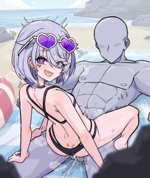 1boy 1girl arm_support beach beach_towel bikini blue_sky breasts cloud commission cowgirl_position cum cum_in_pussy day earrings eyewear_on_head faceless faceless_male feet_out_of_frame from_behind full_body girl_on_top hair_flaps heart heart-shaped_pupils hetero highres hololive hololive_english jewelry koseki_bijou leaning_back lifebuoy loli looking_at_viewer looking_back moral_cacoethes ocean open_mouth outdoors purple_eyes purple_hair pussy_juice saliva saliva_trail sand short_hair sky small_breasts straddling swim_ring swimsuit symbol-shaped_pupils tearing_up testicles towel turning_head vaginal virtual_youtuber