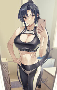 1girl absurdres bare_shoulders black_hair blush breasts cellphone cleavage collarbone high_ponytail highres hiiragi_yuuichi large_breasts long_hair looking_at_viewer navel original parted_bangs phone ponytail selfie sidelocks smile solo thighs toned toned_female very_long_hair