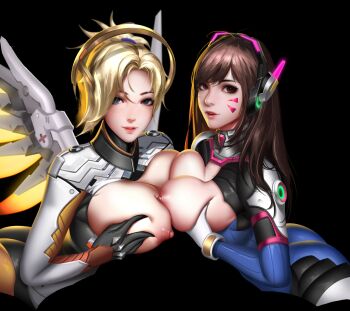 Rule 34 | 2girls, black background, blonde hair, blue eyes, bodysuit, breast press, breasts, breasts out, brown eyes, brown hair, d.va (overwatch), facial mark, glitter, gloves, grabbing own breast, halo, headphones, liang xing, long hair, looking at viewer, mechanical halo, mechanical wings, mercy (overwatch), multiple girls, nipples, overwatch, overwatch 1, ponytail, wings